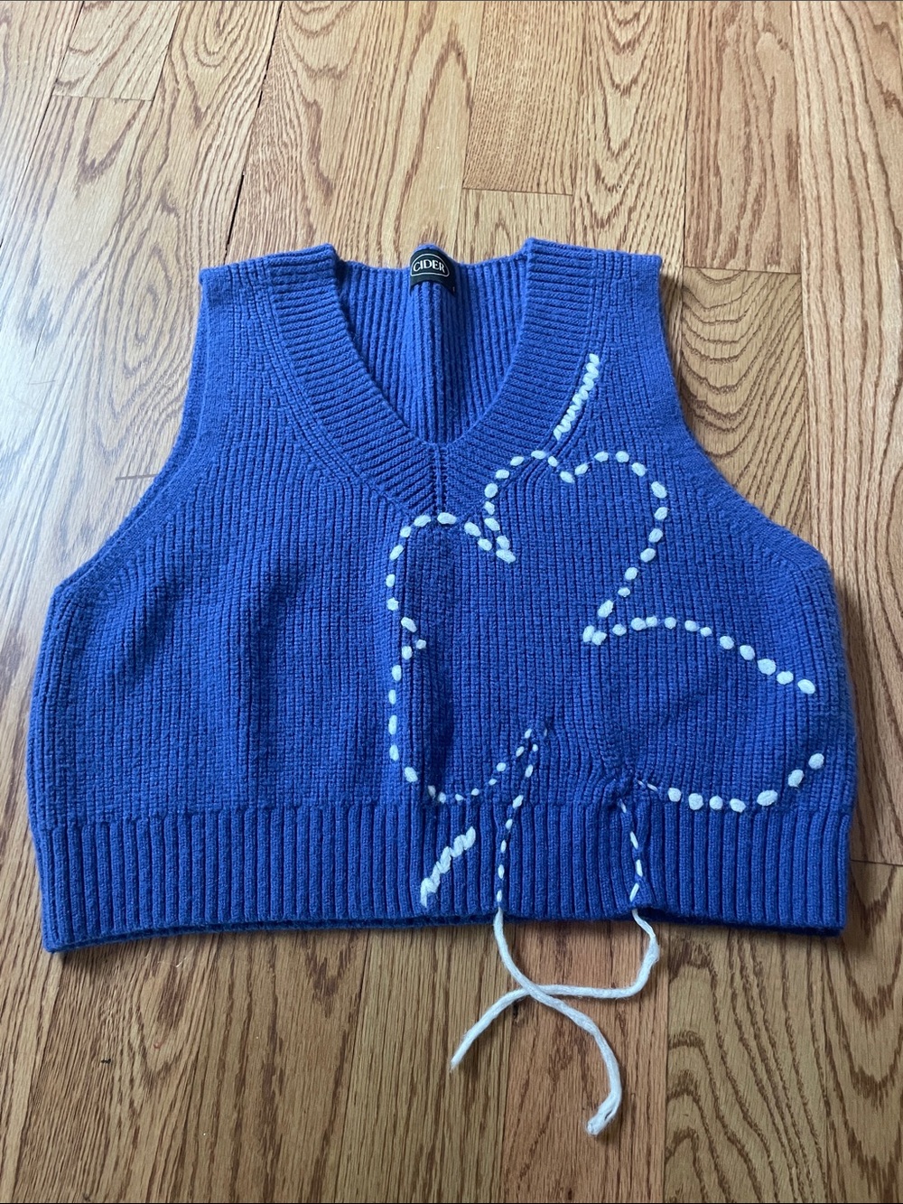 Cider Blue V-Neck Knit Sweater Vest with White Stitch Detail